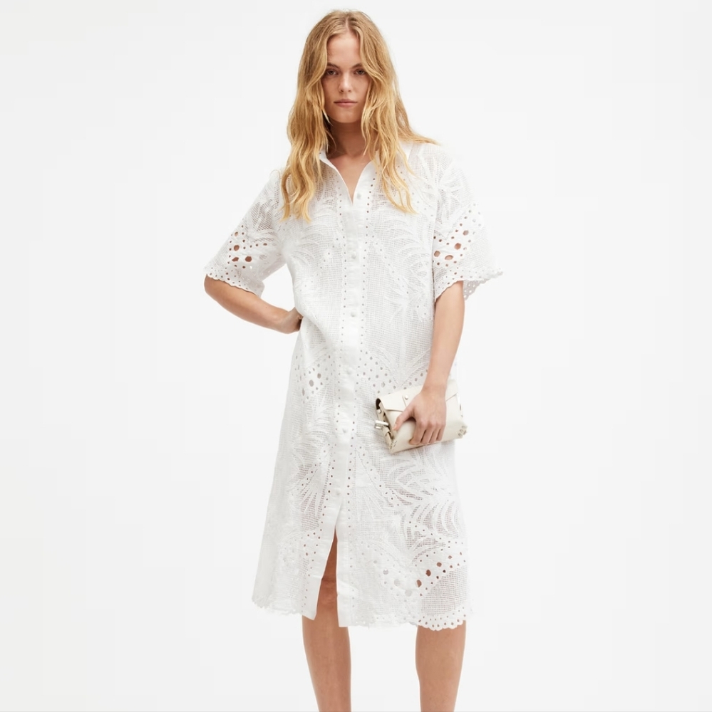 AllSaints Meria Broderie Dress In Optic White